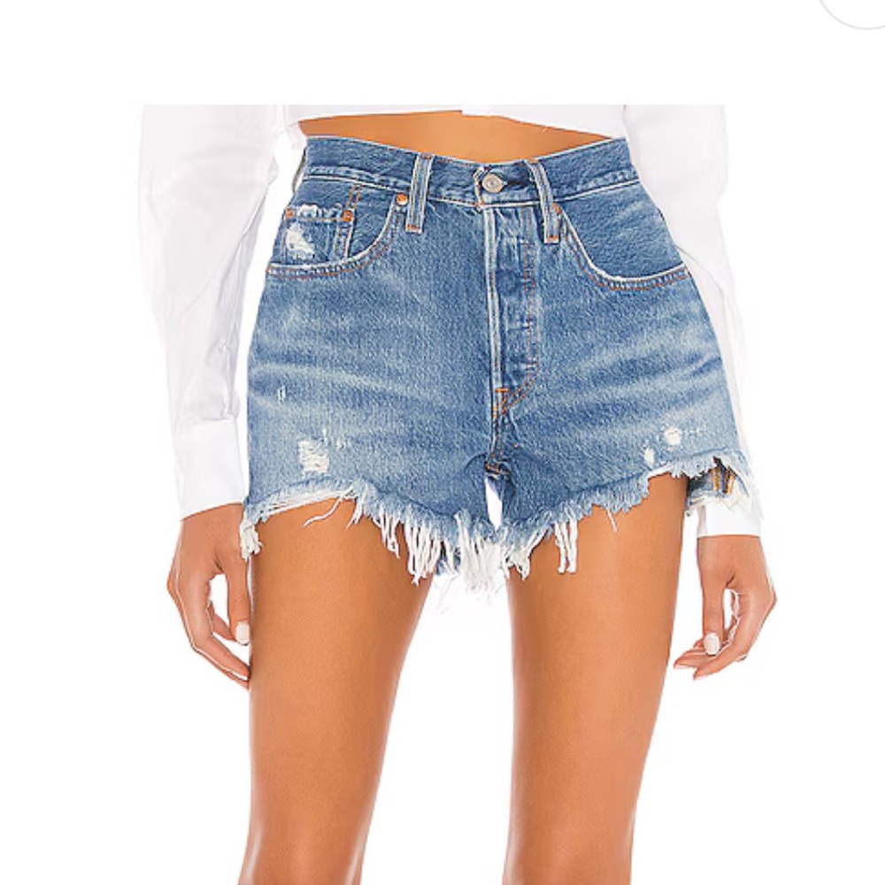 Levi's Light Blue Distressed Jean Shorts.  Distressed, 501, BUTTONFLY.
